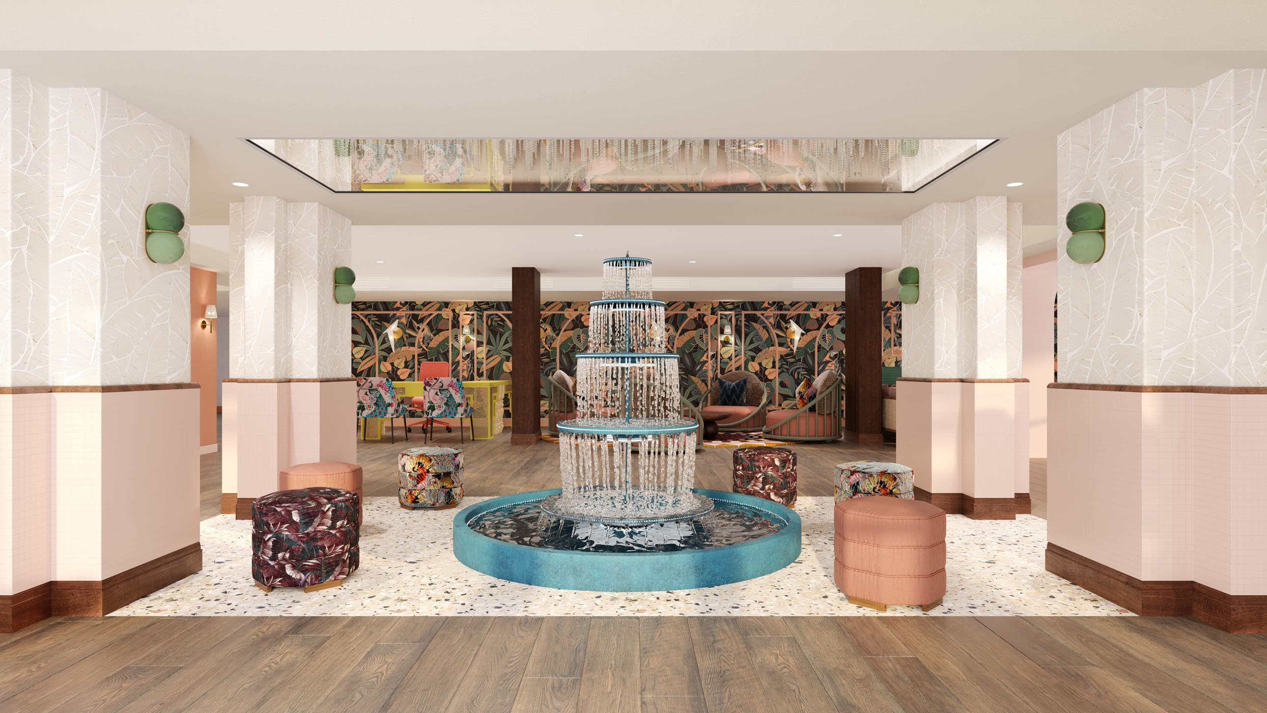 The gorgeous lobby at Ocean Key Resort with a water fountain and sitting stools around it