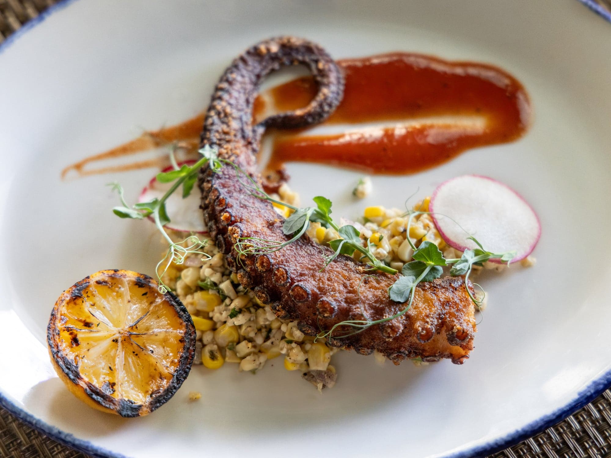 Grilled octopus over charred corn salad with radish, pea shoots, red pepper sauce, and grilled lemon at Hot Tin Roof